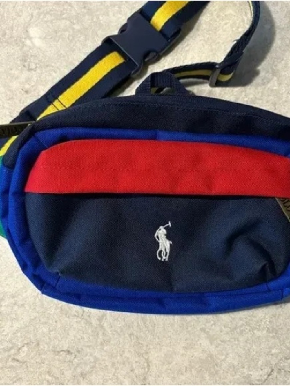 Polo by Ralph Lauren Navy, Red & Blue Belt Bag with Yellow-Striped Strap